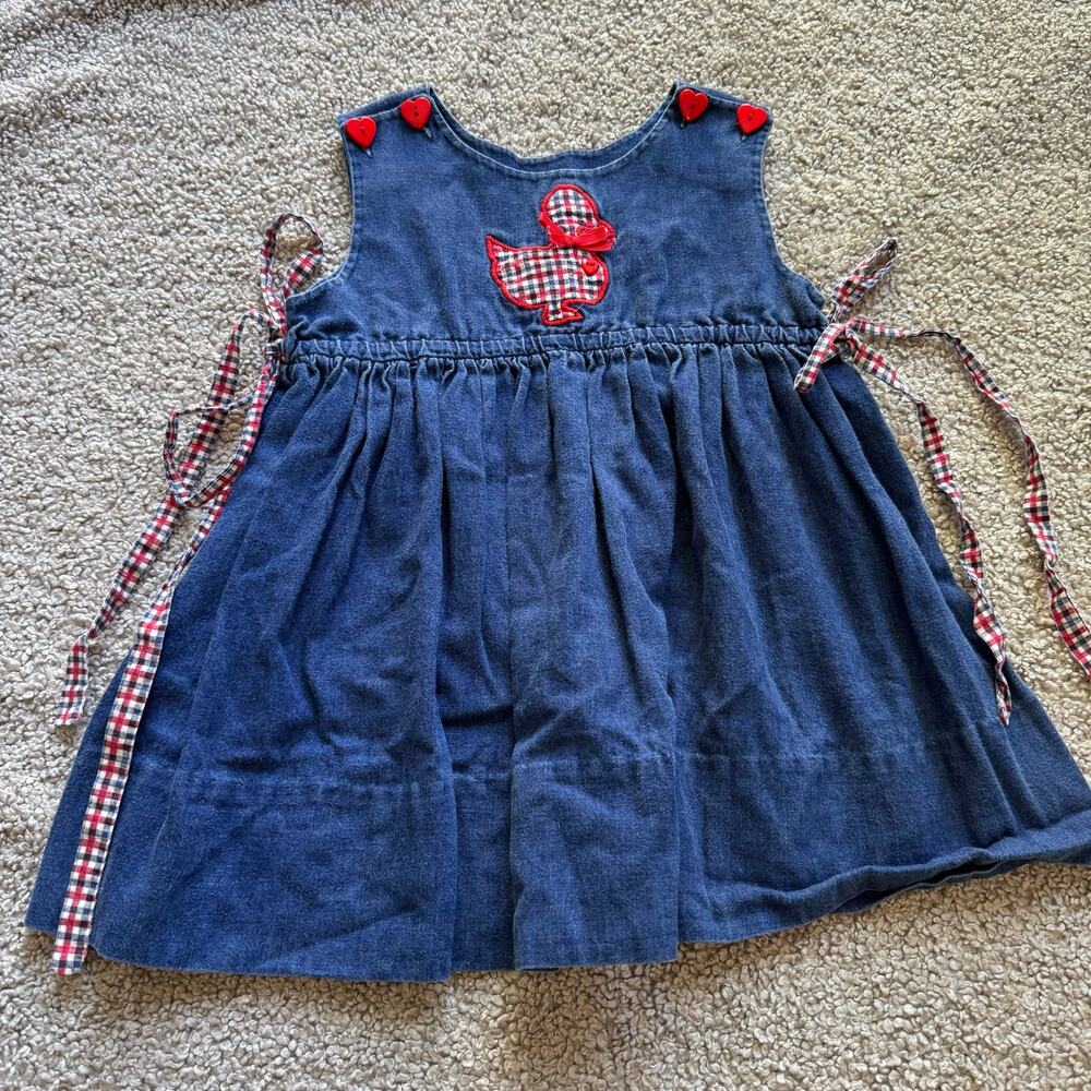 VTG Windy Hill Girls Denim Duck Gingham Side Ties Dress Size Small Made in USA